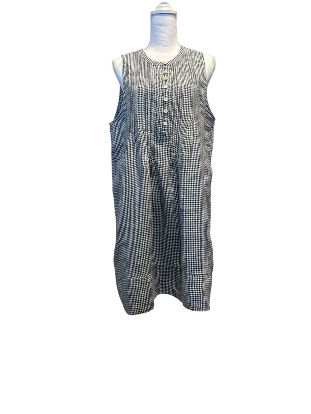 Quince Navy & White Linen Gingham Button-Front Shift Dress